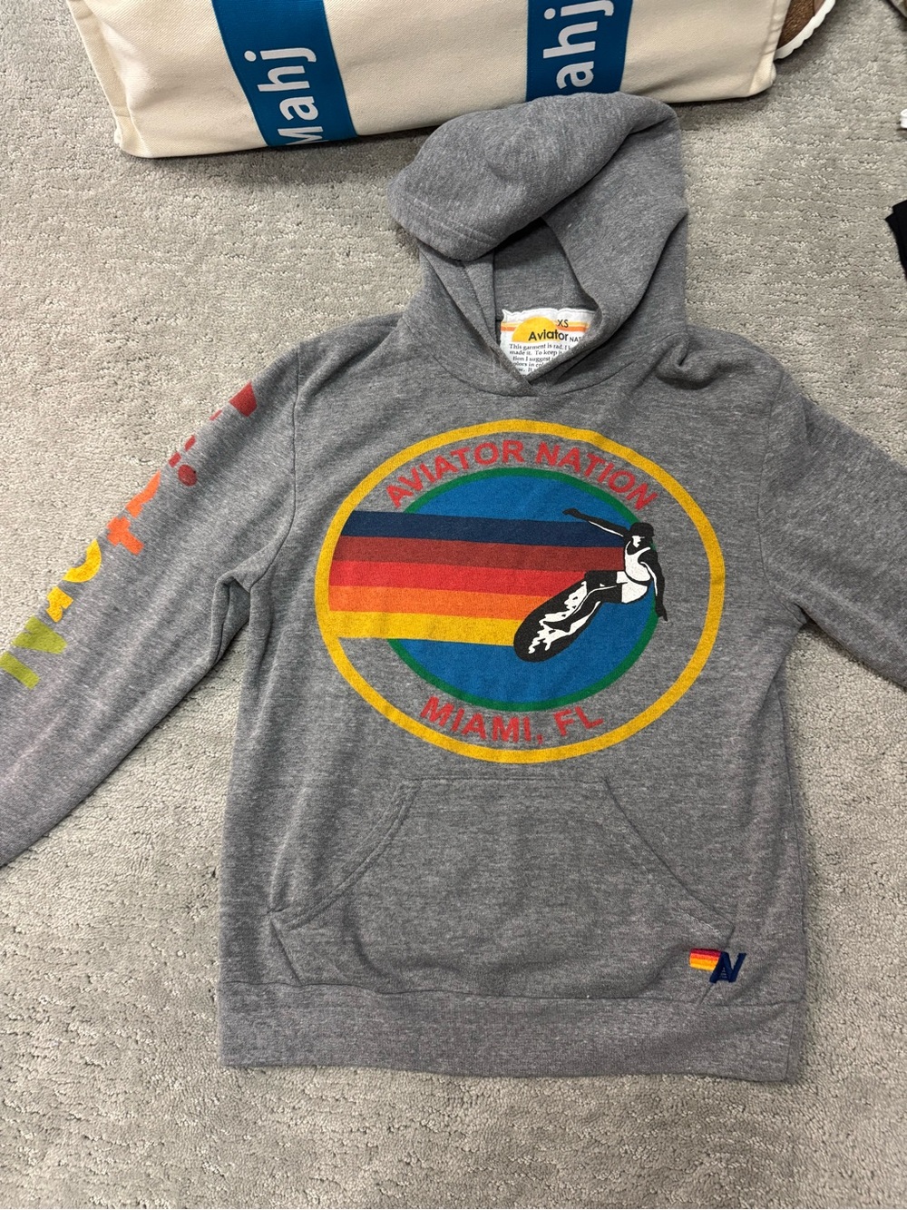 Aviator Nation Gray Hoodie with Retro Rainbow Crest